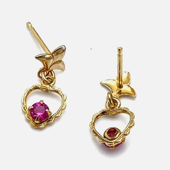 Vintage 14K Gold Post 12K Gold Fill Love Heart Ruby Stone Pierced Earrings Gift - Picture 1 of 10
